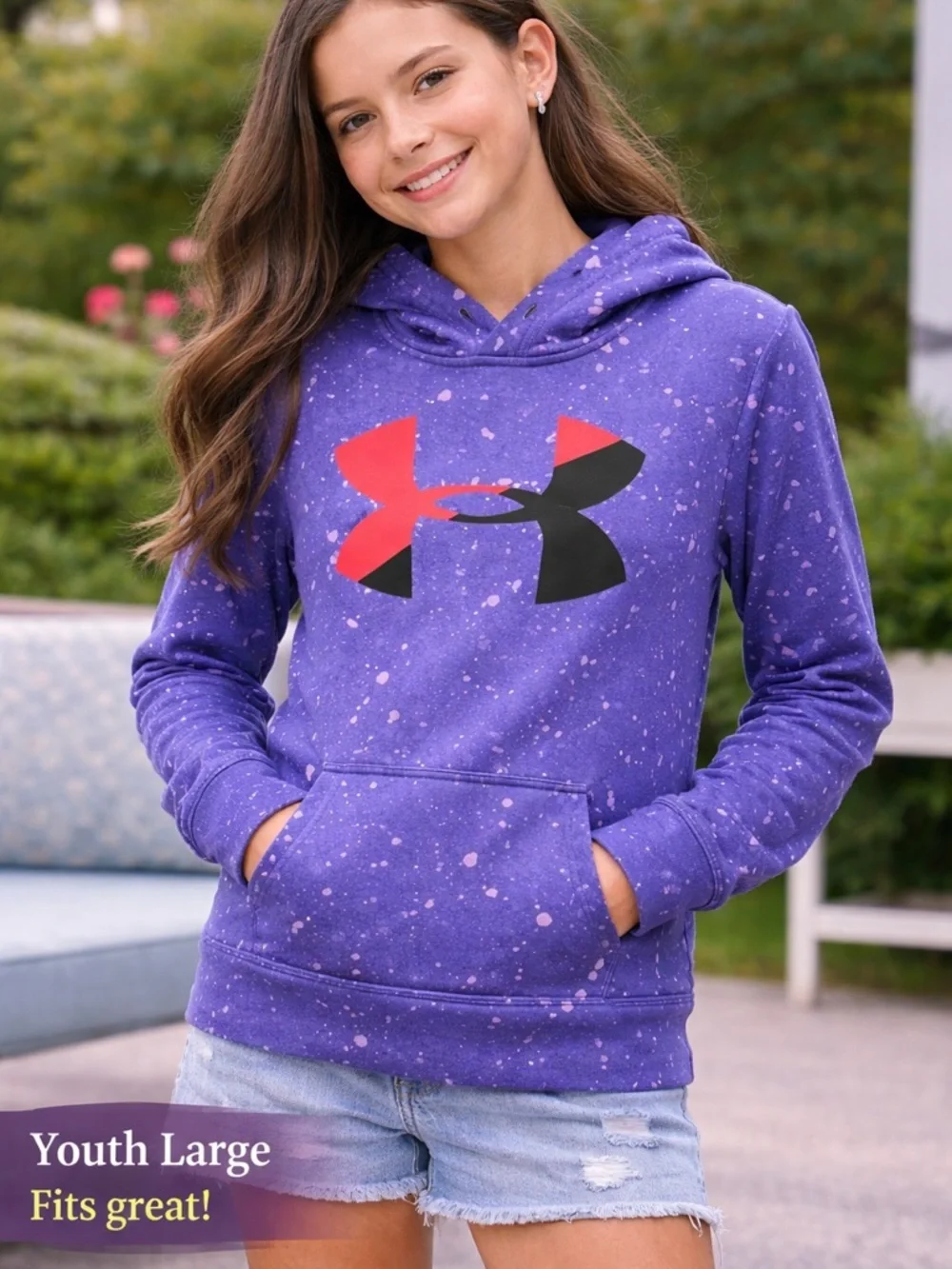 Under Armour Purple Hooded Sweatshirt with Red & Black Logo girls LARGE